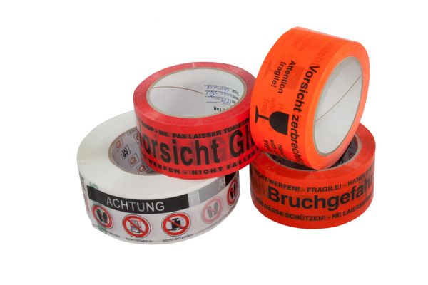 PP-Verpackungsband "Vorsicht Glas" 50/66 rot/schwarz Hotmelt